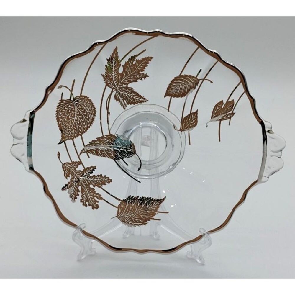 Vtg Cambridge Glass Footed Pedestal Serving Tray Dish Silver Overlay Leaves